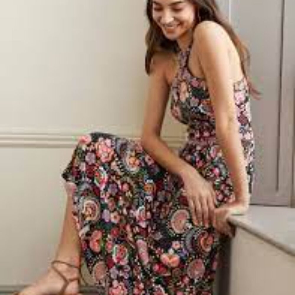 Boden Black Floral Maxi Dress with Pink and Green Accents